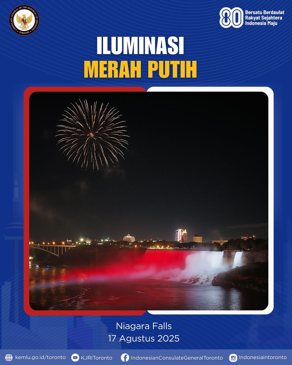 INAinToronto's tweet image. On Aug 17, 2025, the Red &amp;amp; White lit up Niagara Falls in honor of Indonesia’s 80th Independence Day. Starting at 10 PM with fireworks, the 15-min illumination was a dazzling tribute, organized by the Indonesian Consulate General in Toronto. 🇮🇩 #KJRIToronto #IniDiplomasi #HUTRI80