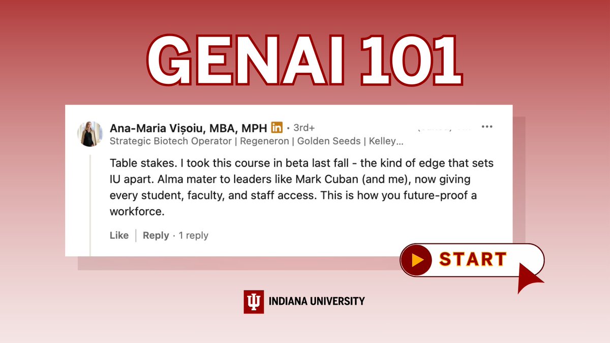 The verdict is in: IU’s newest course is just the cutting-edge you need to start your semester off right! 💻🤖 

Dive right into the world of AI with GenAI 101 — IU's first free, online, self-paced AI course for students, faculty, and staff university-wide. Learn practical skills