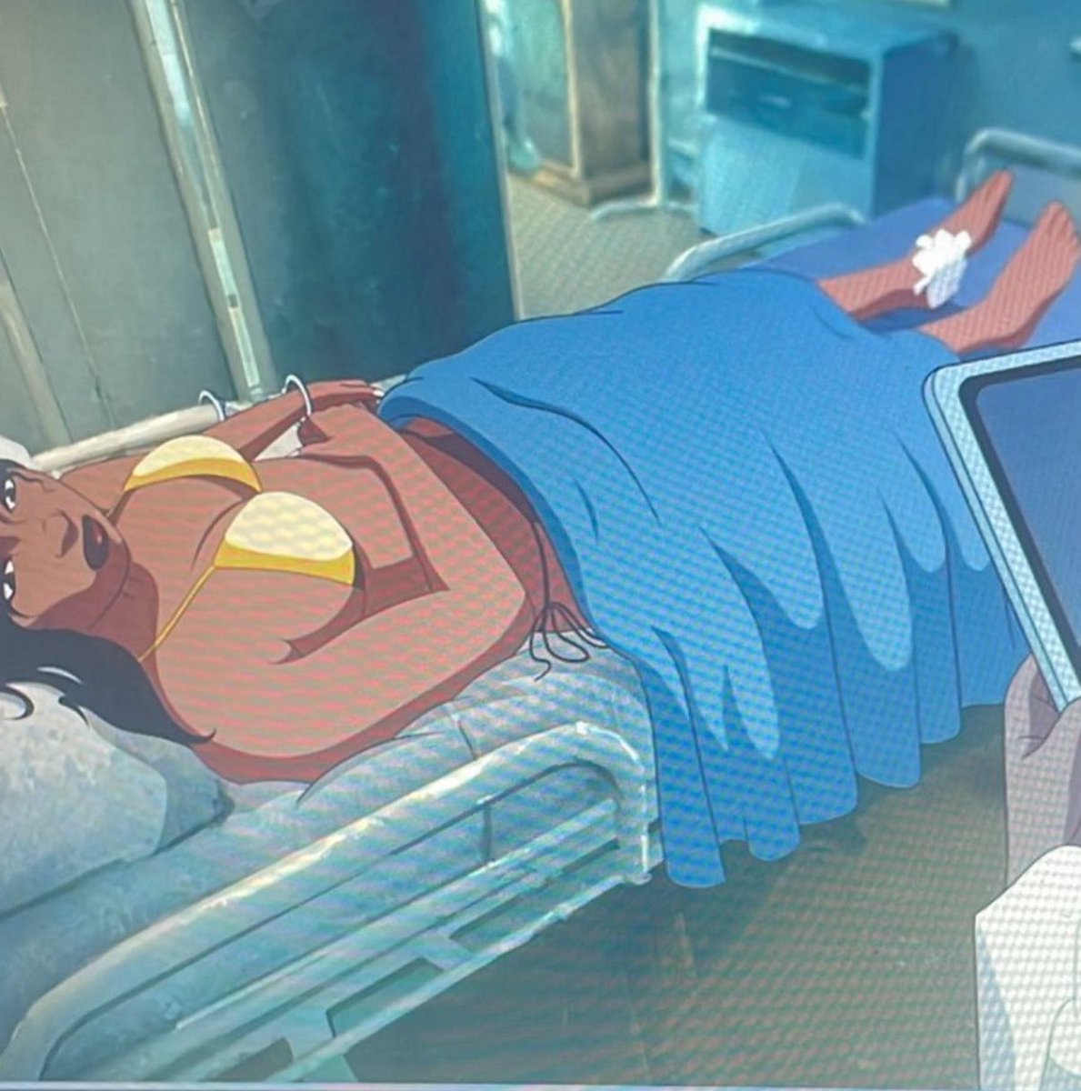 MsKayKayX's tweet image. In Megan’s 2024 documentary #InHerWords there’s an anime-style reenactment where she’s shown in a hospital bed. But only one foot is bandaged…and the bandage is on the inside of her left foot, not the outside where she was actually injured. Meanwhile, her other foot is left…