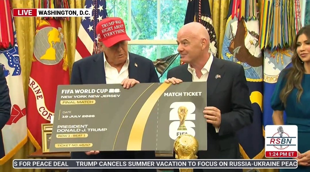 Brick_Suit's tweet photo. President Trump was just presented with the first ticket to next July's World Cup Finals match in New Jersey.

Row 1, Seat 1,
Ticket #45/47 https://t.co/LPcI61IJJJ