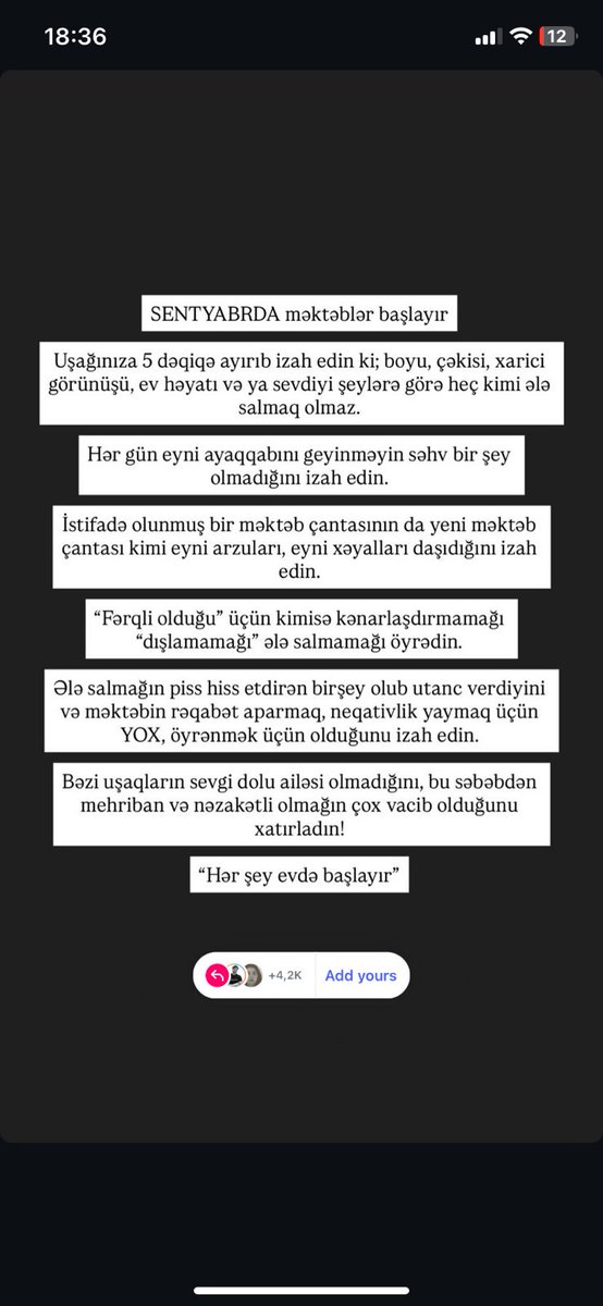 Gumrupsycho's tweet photo. Bayaq storylərə baxanda maraqlı paylaşım gördüm istədim sizlə də bölüşüm-uşaqları məktəbə başlamazdan əvvəl empatiya və hörmət mövzusunda maarifləndirməklə bağlı idi, gəlin "uzun izahatı" sadələşdirək: Bədəninə yalnız sən qərar verirsən. Heç kim icazəsiz toxuna bilməz.
#valideyn https://t.co/DryBxXEp5V