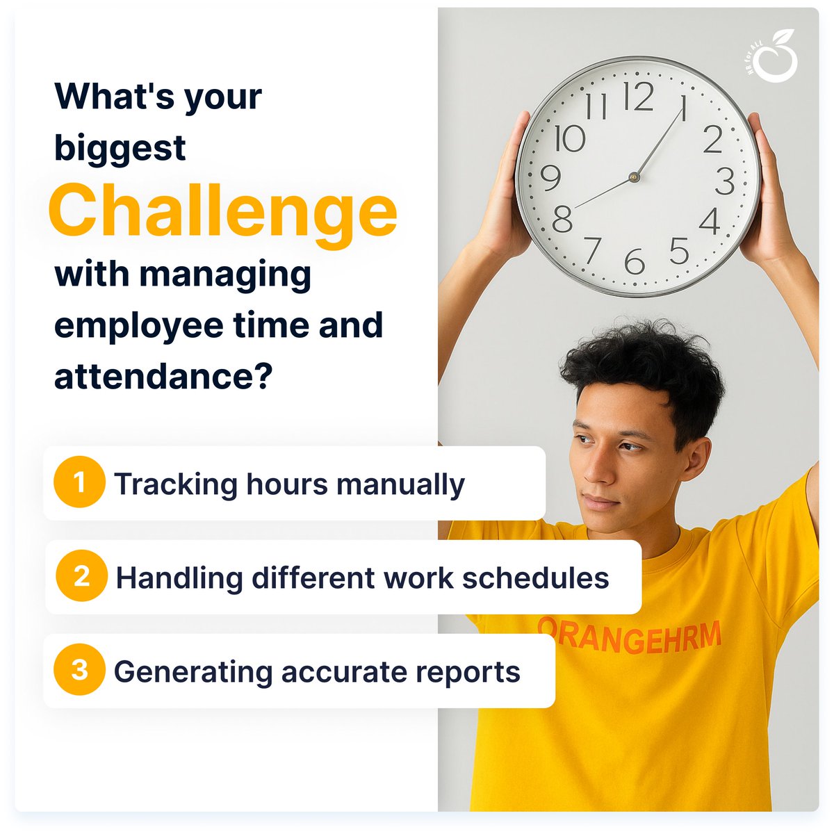 orangehrm's tweet image. What&apos;s your biggest challenge with managing employee time and attendance? 

a) Tracking hours manually 
b) Handling different work schedules 
c) Generating accurate reports. 

Tell us in the comments! 

#TimeandAttendance #HRchallenge #HRsoftware