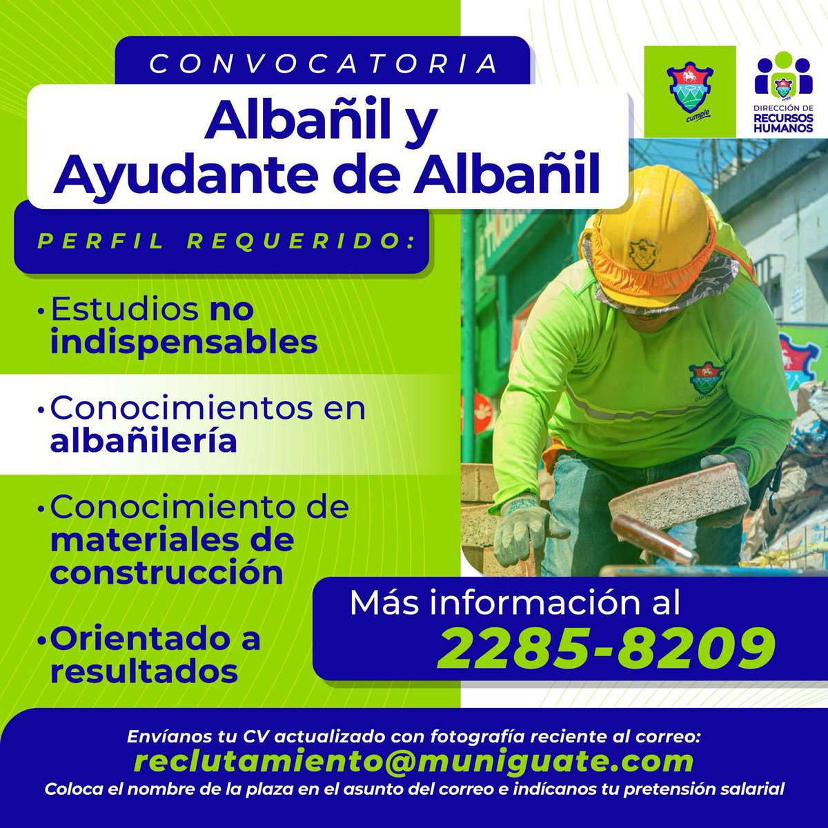 ¡OPORTUNIDAD LABORAL! 👷🏻

Prepara tu currículum y sé parte del equipo municipal que día a día construye #ElMejorLugarParaVivir.

Para más información, comunícate a los contactos detallados en la imágen y recuerda colocar la plaza en el asunto del correo.

#UnLugarDeOportunidades