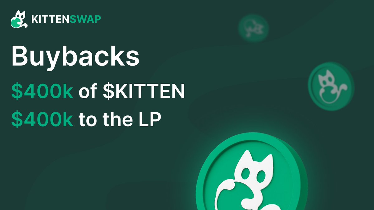 Kittenstrategy

Kittenswap will use revenue from its treasury veKITTEN positions to purchase KITTEN from the  market, starting with $400k of accumulated voting rewards from previous epochs.

The accumulated voting rewards will be split over 4 weeks