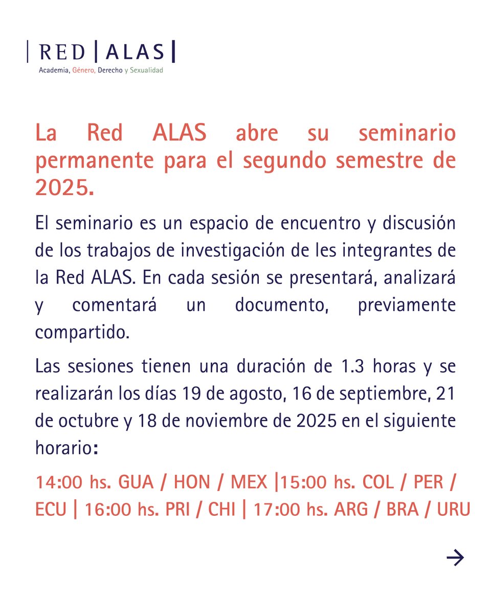RedAlasGenero's tweet photo. 📚La Red ALAS abre su seminario permanente 2025-2 a estudiantes o graduados en derecho interesadas en género y derecho.
Inscríbete en: ://forms.gle/4qXogVkDmTkCApyq8 https://t.co/rMicbmssRV