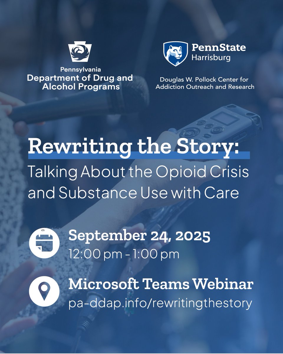 We’re teaming up with <a href="/PSUHarrisburg/">PennStateHarrisburg</a>'s Pollock Center to share how words can reduce—or reinforce—stigma around substance use disorder.

If you care about using language that supports health and recovery, this webinar is for you: pa-ddap.info/rewritingthest…