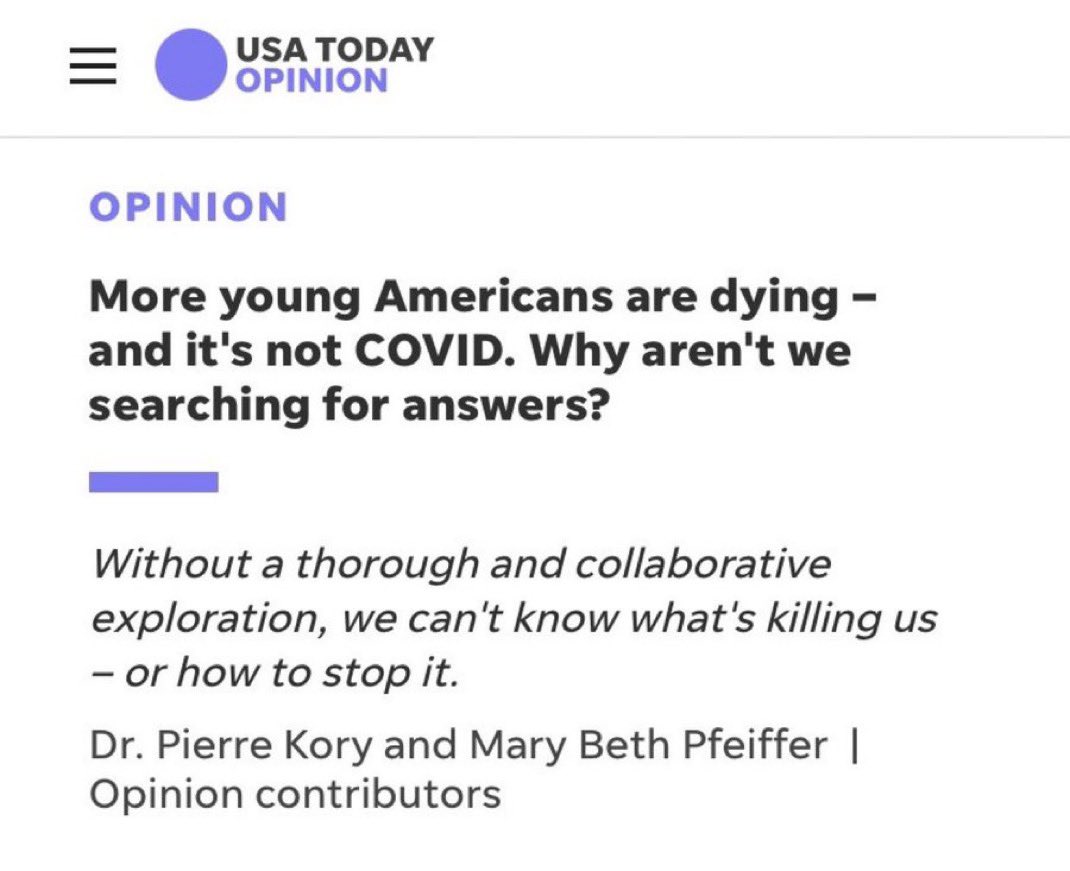 LauraMiers's tweet image. 1) 2022: US reported a 40% increase in deaths (from COVID.)

2) 2023: US reported 34% more Americans 35-44 died than expected, “and it’s not Covid.” 🥴

3) Dec. 2023: Millennial women are dying at rates not seen since WWII 

4) Headline from today.