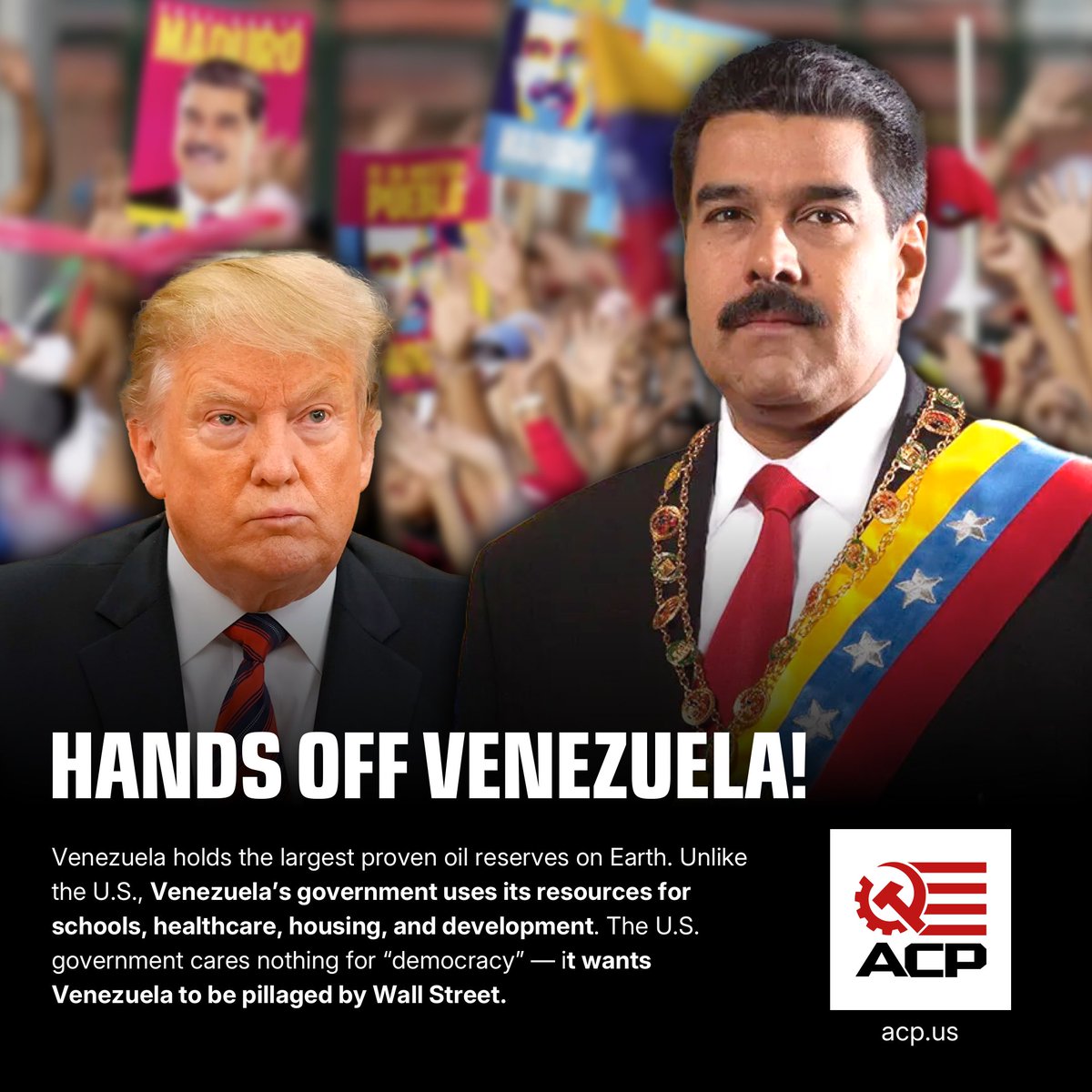 The American Communist Party stands with the Bolivarian Revolution! 

Hands off Venezuela! 🇻🇪