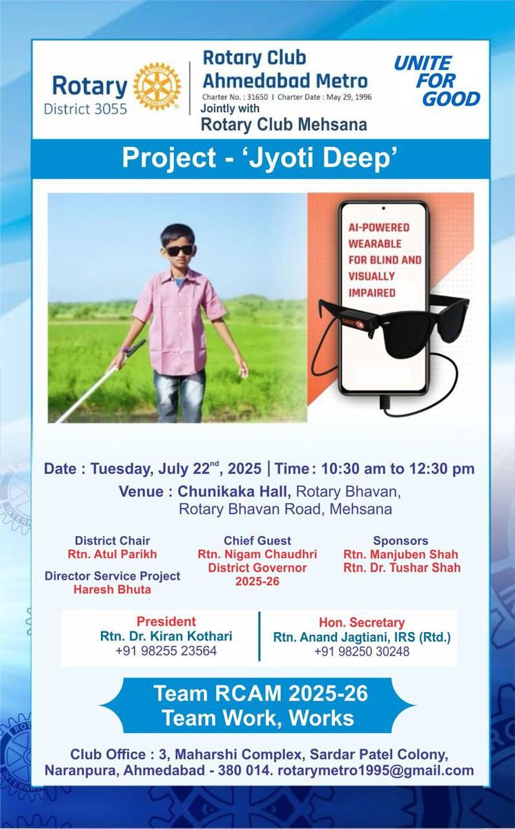 rcahdmetro's tweet image. We are delighted to share the grand success of our FOURTH Philanthropy Project – ‘Jyoti Deep’ ✨ “A Service to Society”, gifting smart glasses to the visually impaired, jointly organized with the Rotary Club of Mehsana.

#Rotary #RCAM  #JyotiDeep #SightForAll #smartglasses