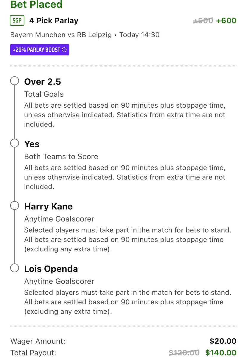 DraftKings 20% Soccer SGP

$100 max but I don’t really bet soccer like that anymore so going $20 on this for Bayern Leipzig game and using another boost on what is essentially this same parlay (but different)