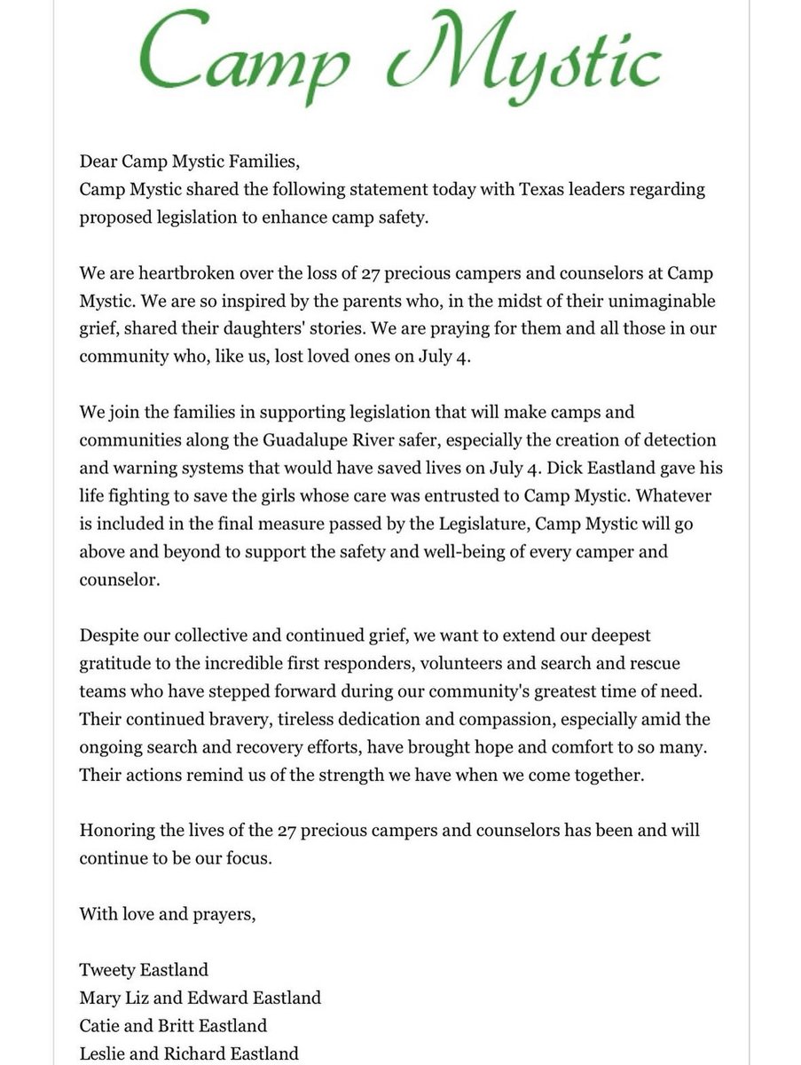 One day after the Camp Mystic families of Heaven's 27 testified on SB 1, which would create several new camp safety requirements, it was passed through the Senate floor last night.
+
Camp Mystic has responding by promising to go 'above and beyond' to support safety and well-being