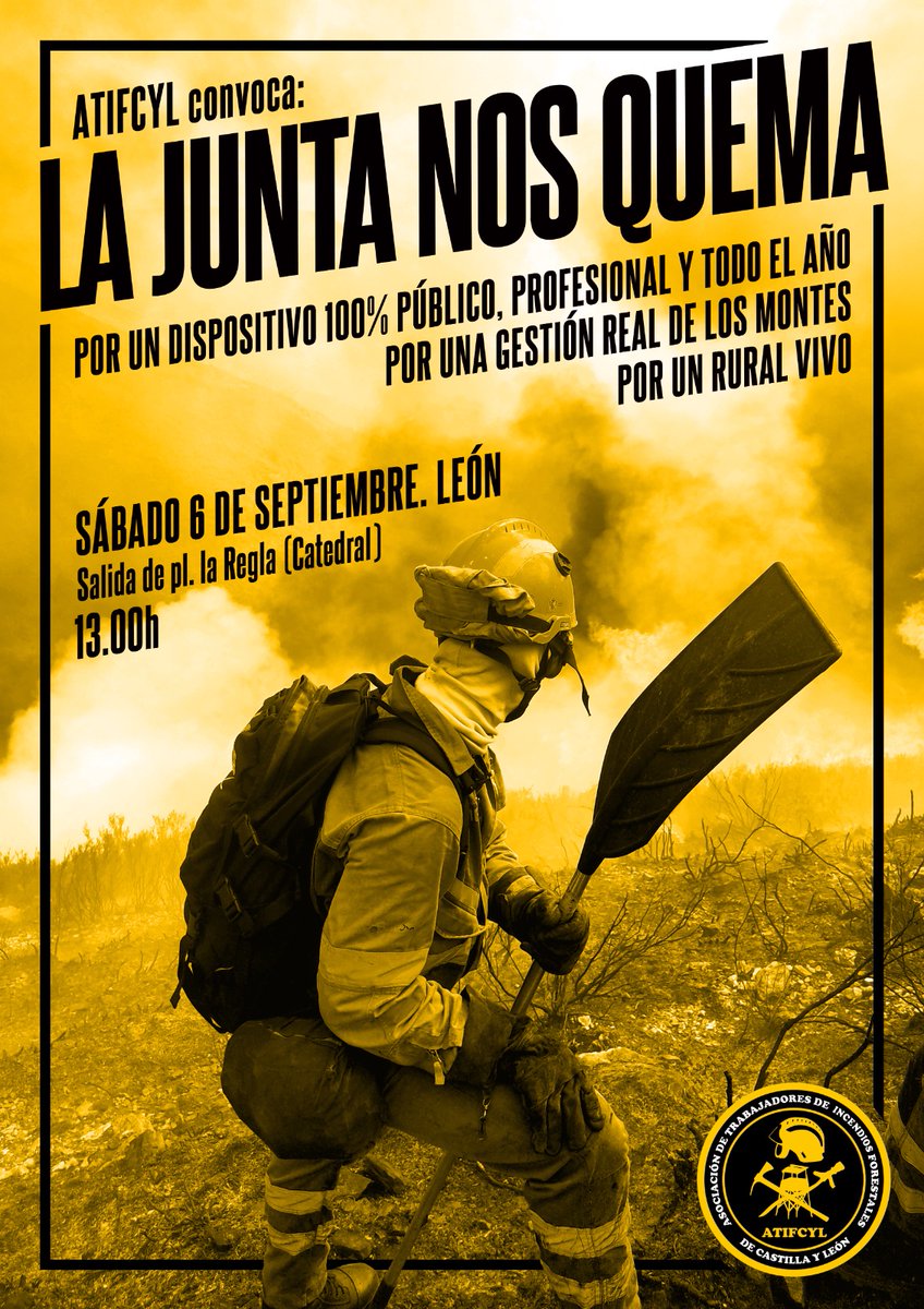 Juan Navarro García (@juan13navarro) on Twitter photo Primera gran manifestación por la gestión de los incendios de Castilla y León.
-Sábado 6 de septiembre a las 13.00 en la plaza de la Regla de León. Convoca <a href="/BBFFLuchaCyl/">Asociación de Trabajadores IIFF CyL 🔥</a> Primera gran manifestación por la gestión de los incendios de Castilla y León.
-Sábado 6 de septiembre a las 13.00 en la plaza de la Regla de León. Convoca <a href="/BBFFLuchaCyl/">Asociación de Trabajadores IIFF CyL 🔥</a>