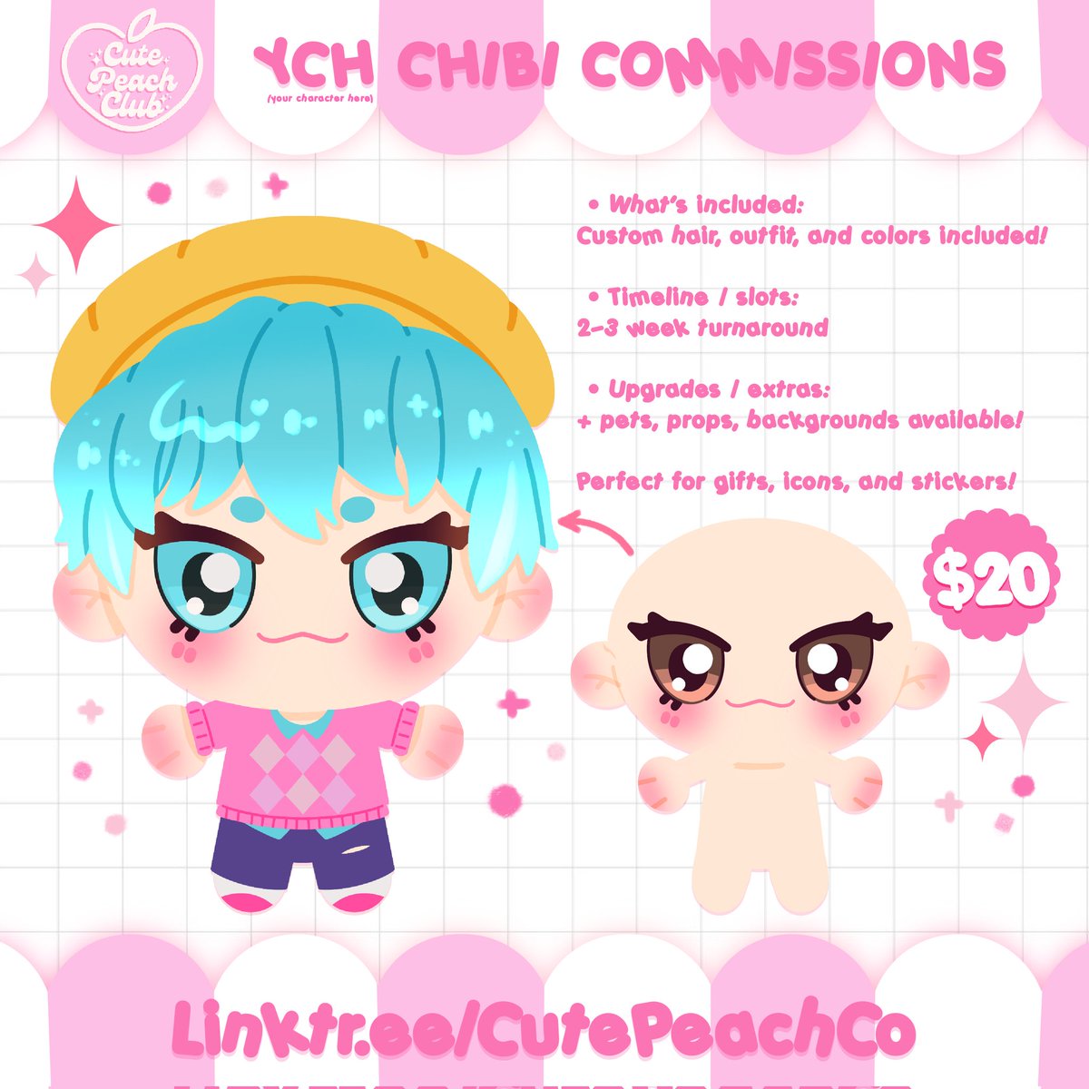 cutepeachco's tweet photo. ✨ YCH Chibi Comms 🥹💖 $20
Custom chibis 🌸 hair, outfit &amp; colors you pick
Hi-res PNG ✅ icons, stickers &amp; prints ready
Add-ons: pets/props +$5 | bg +$5 | rush +50%
Limited slots! 🍑 Grab yours: 🔗 https://t.co/uBgAqnrYj0 https://t.co/WvXZeeYEPU