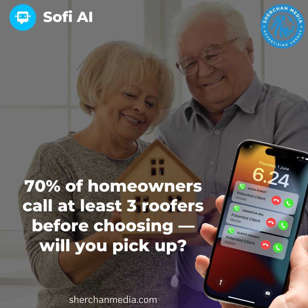 SherchanMedia's tweet photo. Roofing Pros -
70% of homeowners call 3 roofers before choosing. If you don’t pick up, the job is gone.

Sofi’s Voice AI answers instantly, books jobs &amp; keeps you ahead.

Call (518) 862-8832 for a free demo.

#RoofingBusiness #RoofingLeads #RoofingMarketing https://t.co/6fbrGMe7zz
