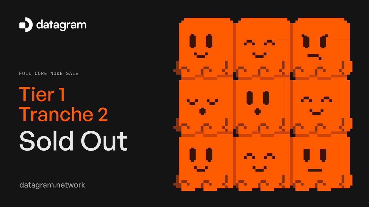 🟧 Tier 1 Tranche 2 – SOLD OUT

The second tranche of Full Core Nodes has been snapped up.

🚨The Datagram Beta Testnet is now live, unlocking 5x Rewards Node Operators who purchased a node and keep them online.

👉 Secure your Full Core Node before the next tranche goes: