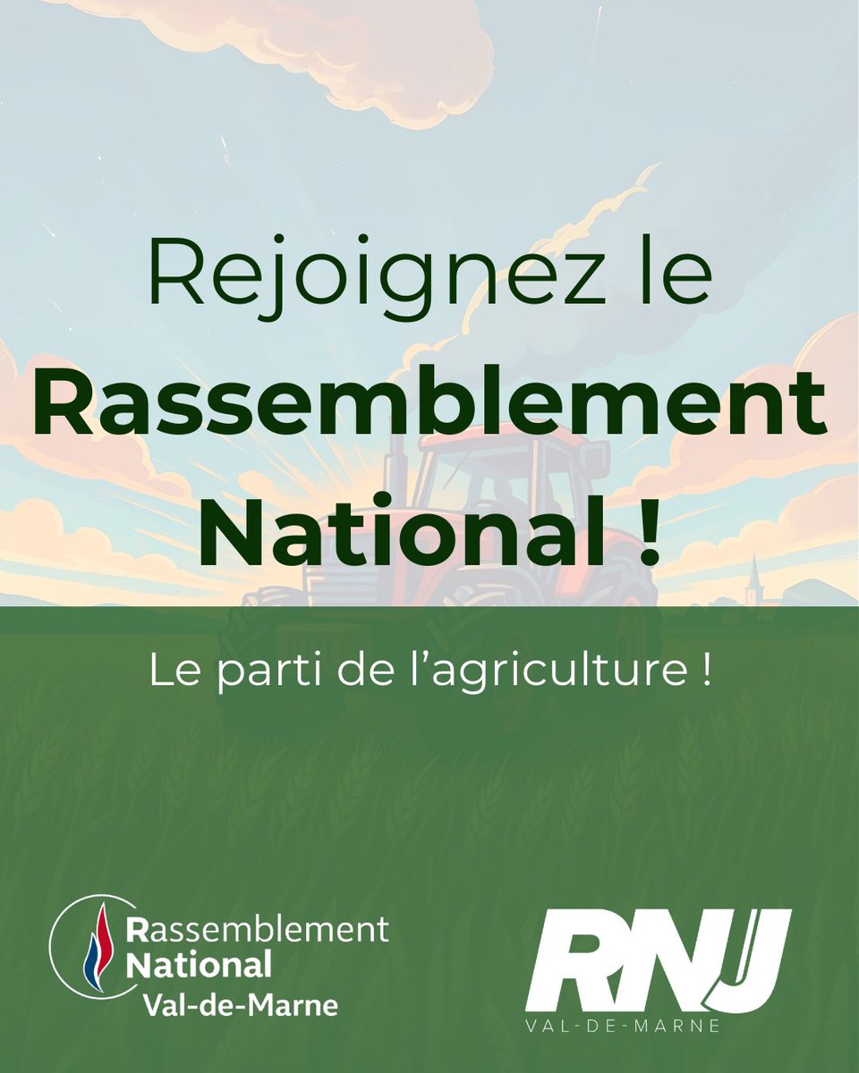 rnj_ValDeMarne's tweet photo. (2/2)
🚜 SAUVONS notre AGRICULTURE !
📈 RETROUVONS notre PUISSANCE agricole !
❤️ RN = 1er parti de France
🇫🇷 Nous n’avons pas fini d’être français !
#Agriculture #France #Paysans #Terre #Blé #Tracteur #Campagne #Fermes #Rural #Nature https://t.co/vaYHYI07EX