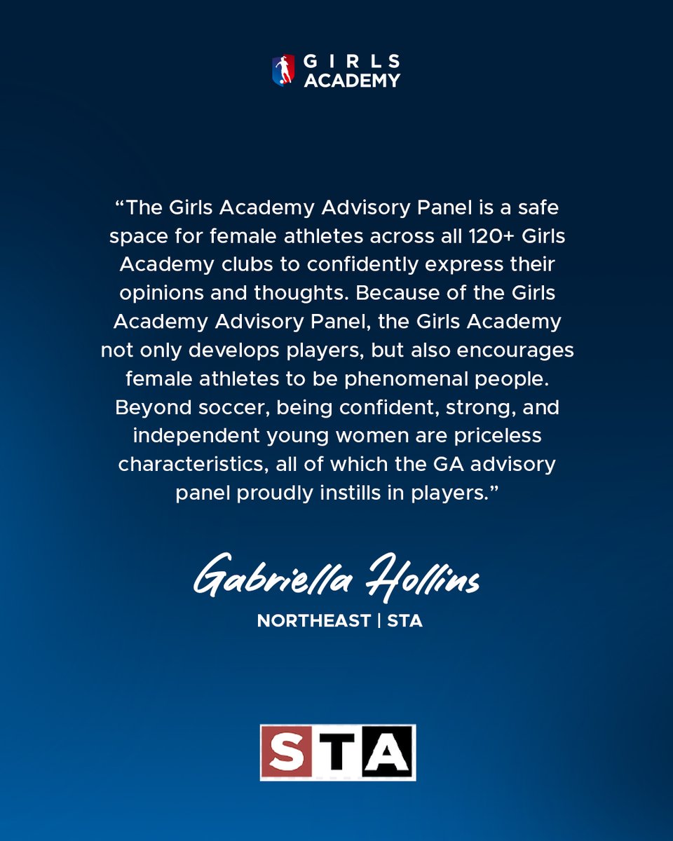 Girls Academy (@gacademyleague) on Twitter photo Announcing our GA Advisory Panel National Ambassadors!
Congratulations to Gabriella Hollins for representing the Northeast conference ๐ We're honored to have her on the Advisory Panel team ๐ Announcing our GA Advisory Panel National Ambassadors!
Congratulations to Gabriella Hollins for representing the Northeast conference ๐ We're honored to have her on the Advisory Panel team ๐