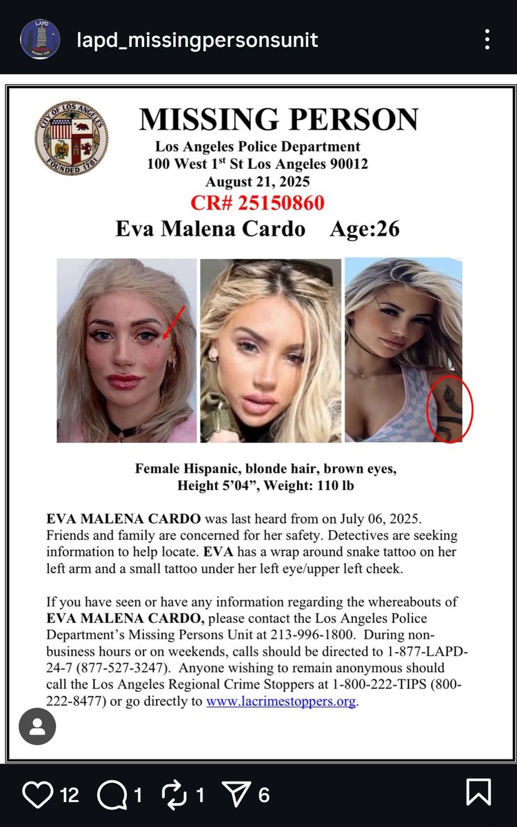Eva Malena Cardo dontworrybebunny informada como desaparecida por la policia de Los Angeles.