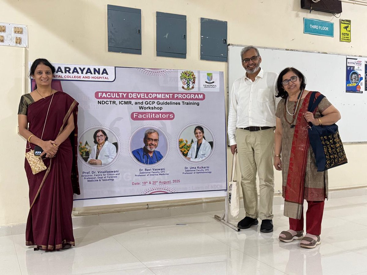 Centre for Ethics is happy to share tat our faculty members — Dr. Vina Vaswani (Director, CFE), Dr. Ravi Vaswani, and Dr. Uma Kulkarni (Additional Faculty) successfully conducted Good Clinical Practice (GCP) training for Narayana Dental College &amp; Hospital, Nellore.