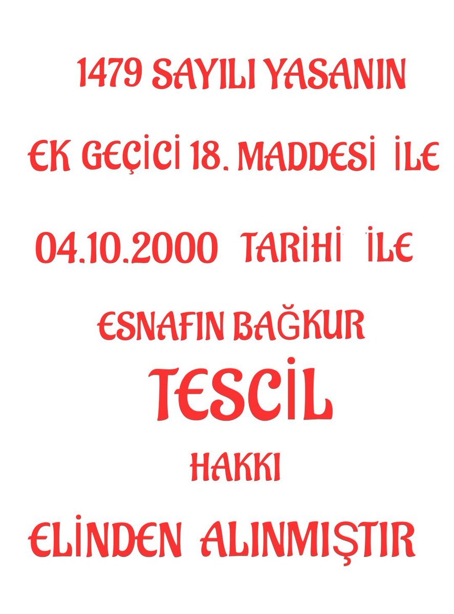 Sevcan (@sevcan66063940) on Twitter photo <a href="/mesutkesik1/">🇹🇷 Fakir Adam Mesut 🇹🇷</a> <a href="/avabdullahguler/">Abdullah Güler</a> <a href="/AhmetBOgutken/">Ahmet Baha Öğütken</a> <a href="/Akparti/">AK Parti</a> <a href="/vedatbilgn/">Vedat Bilgin</a> #Esnaf 'ın Uğradığı Haksızlık; Kanunsuzluk Değil ise, Nedir?
#TicSicilKaydimiz Var #OdaKaydımız Var
#VergiLevhamiz Var
#Yetmez mi?
Durdurun Artık Bu Haksızlığı!
#TESCİL İçin; Bir de söz Verildi. Yine Yapılmadı
#BağkurTESCİLMağdurları
<a href="/Akparti/">AK Parti</a>
<a href="/MHP_Bilgi/">MHP</a>
#BağKurTescilHakkımız <a href="/mesutkesik1/">🇹🇷 Fakir Adam Mesut 🇹🇷</a> <a href="/avabdullahguler/">Abdullah Güler</a> <a href="/AhmetBOgutken/">Ahmet Baha Öğütken</a> <a href="/Akparti/">AK Parti</a> <a href="/vedatbilgn/">Vedat Bilgin</a> #Esnaf 'ın Uğradığı Haksızlık; Kanunsuzluk Değil ise, Nedir?
#TicSicilKaydimiz Var #OdaKaydımız Var
#VergiLevhamiz Var
#Yetmez mi?
Durdurun Artık Bu Haksızlığı!
#TESCİL İçin; Bir de söz Verildi. Yine Yapılmadı
#BağkurTESCİLMağdurları
<a href="/Akparti/">AK Parti</a>
<a href="/MHP_Bilgi/">MHP</a>
#BağKurTescilHakkımız