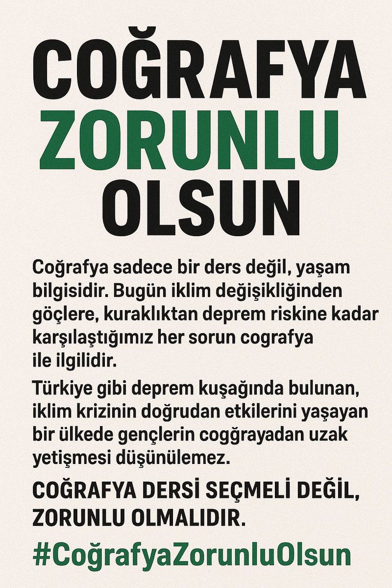 Bunu yıllardır söylüyoruz umarım duyan olur.
#coğrafya bir milletin kaderini belirleyecek en büyük güçtür 
Bu gücü #Coğrafyacılar en iyi şekilde sizlere sunabilir. 
<a href="/RTErdogan/">Recep Tayyip Erdoğan</a> 
<a href="/dbdevletbahceli/">Devlet Bahçeli</a>
<a href="/ykalitekurulu/">Yükseköğretim Kalite Kurulu (YÖKAK)</a> 

 #CoğrafyaZorunluOlsun