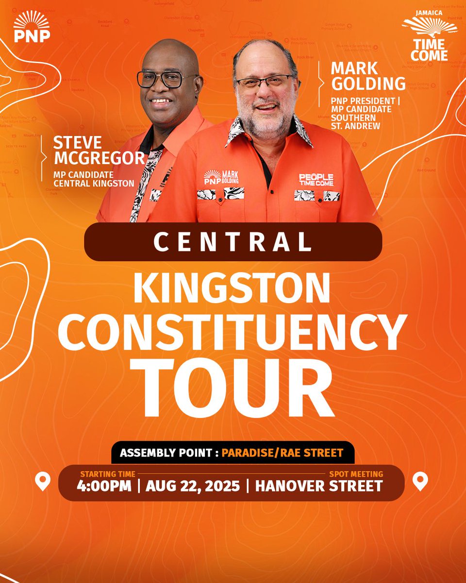 Central Kingston, the movement is on the ground! 

Join MP Candidate Steve McGregor and PNP President Mark Golding today, August 22, 2025, as we take the message of progress and opportunity to the people.

We begin at Paradise/Rae Street, 4:00PM, and close with a powerful spot