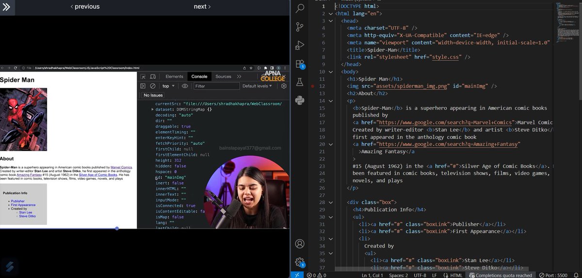 payalbains53359's tweet image. Day 54 of #100DaysOfCode ✅
Revisited MST for a quick refresh 🧠
Then dove deep into the DOM in Web Dev 🌐
🔍 Explored:
• Element selection by ID, class & tag
• querySelector magic etc.
#100DaysofCode #JavaJourney #CodingChallenge
@ApnacollegeX @ShradhaKhapra_