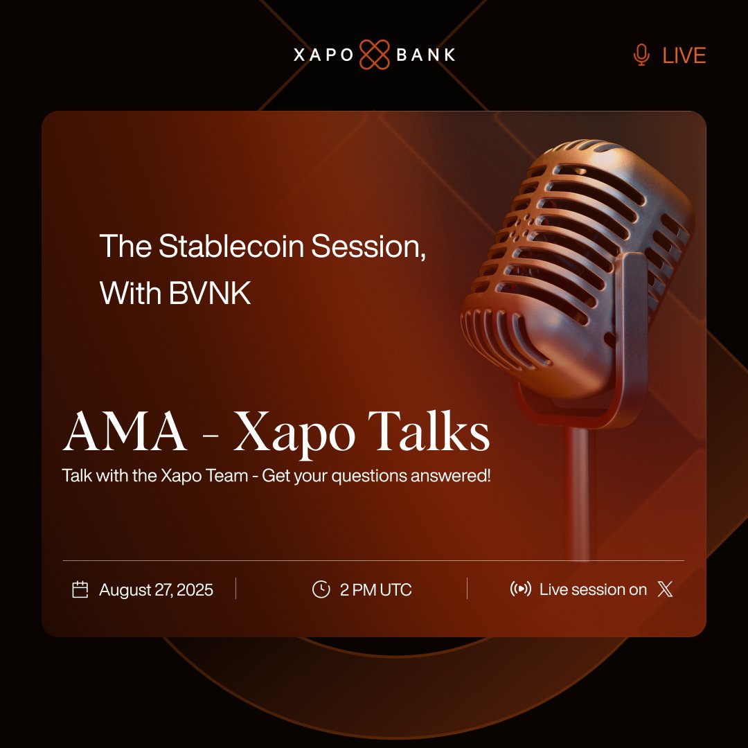 xapobankapp's tweet photo. 📢 Next Xapo Talks is live on Wed 27 Aug, 3PM UK | 14:00 UTC 👇
This time, we’re joined by the team at
@BVNKFinance for The #Stablecoin Session.
Set your reminders, and drop your questions for the AMA below ⤵️
https://t.co/U2IWedOe6x
#XapoTalks #Stablecoins #XapoBank https://t.co/Fml4Uhacjz