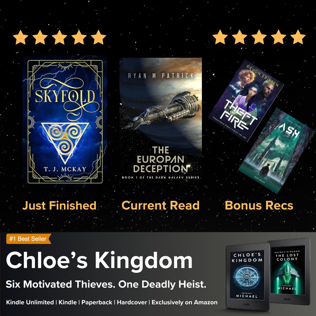 Gregory Michael (@_gregorymichael) on Twitter photo Just finished Skyfold by <a href="/timmckay52/">Tim McKay</a> Great fantasy heist story that hit all the feels. The prose was crisp, dialogue believable, and imagery was grand!
Current read The Europan Deception by <a href="/ryanpatrickauth/">Ryan M. Patrick</a>
Bonus Recs:
Theft of Fire by <a href="/Devon_Eriksen_/">Devon Eriksen</a> Think The Martian, but Just finished Skyfold by <a href="/timmckay52/">Tim McKay</a> Great fantasy heist story that hit all the feels. The prose was crisp, dialogue believable, and imagery was grand!
Current read The Europan Deception by <a href="/ryanpatrickauth/">Ryan M. Patrick</a>
Bonus Recs:
Theft of Fire by <a href="/Devon_Eriksen_/">Devon Eriksen</a> Think The Martian, but