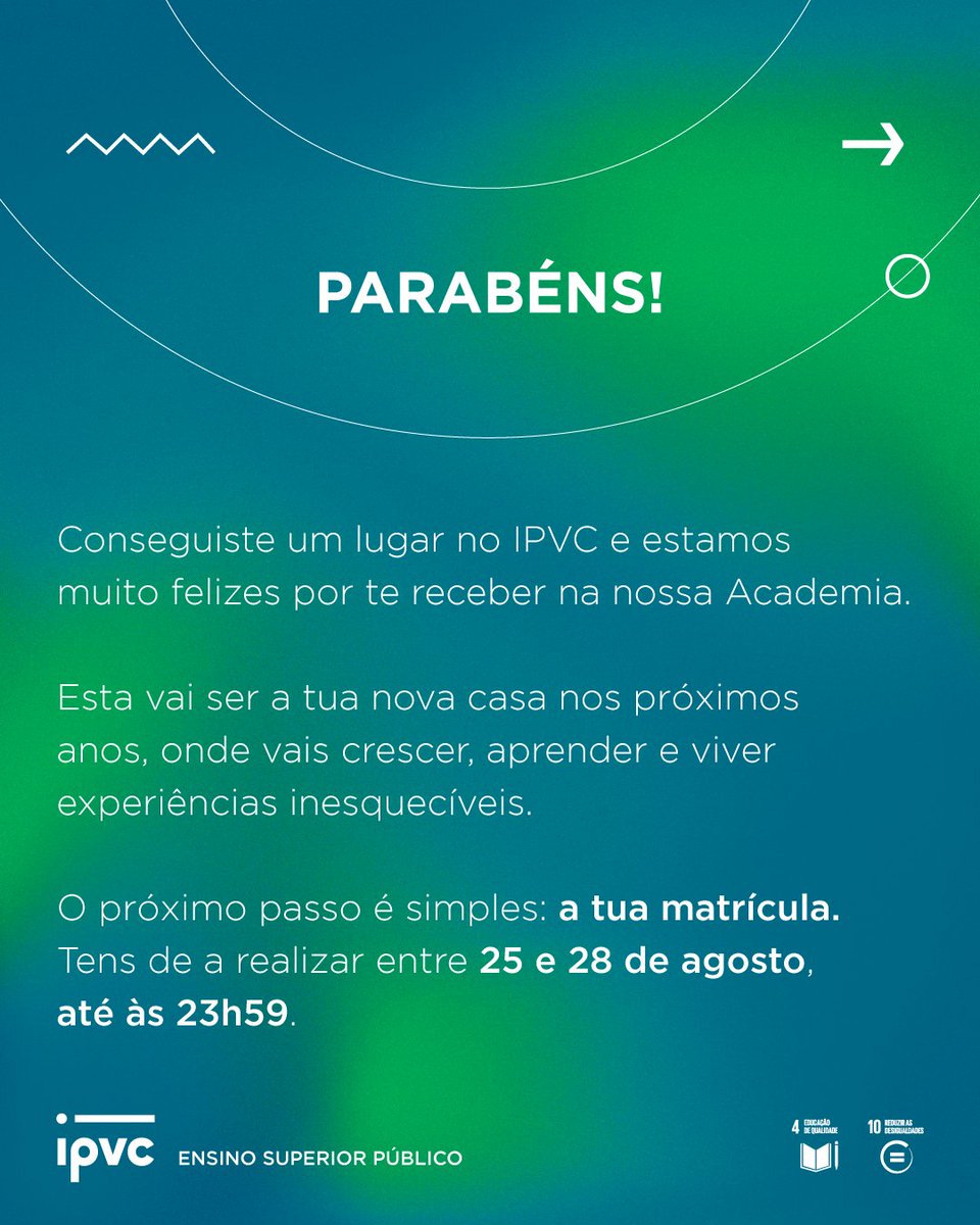unipvc's tweet photo. 🎉 Parabéns! 🤗 É de braços abertos que o IPVC te recebe! Bem-vindo(a) à tua nova casa!

#Matricula #IPVC #MyIPVC #EnsinoSuperior #EnsinoSuperiorPublico #VianadoCastelo #Universidade #University #Politecnico #SomosIPVC

IPVC o teu ⚫️ de partida! https://t.co/KFwddnRjY0