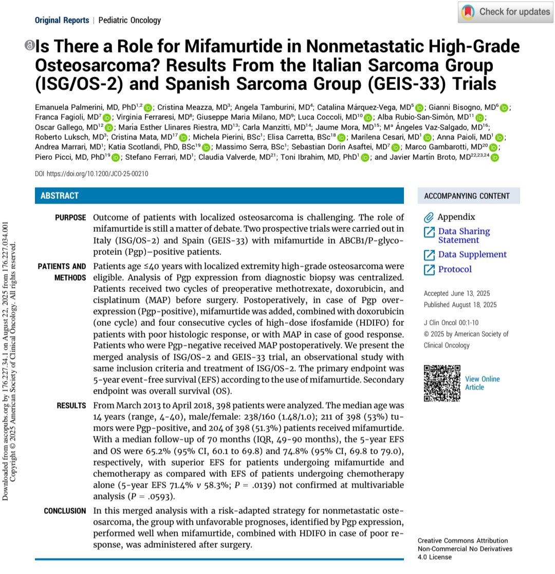drdsaydan's tweet photo. #ISG/OS-2 and #GEIS33 trials show:Adding #mifamurtide to postoperative chemotherapy may improve outcomes in patients with localized high-grade #osteosarcoma expressing P-glycoprotein 📈 Benefit is more evident when combined with high-dose ifosfamide in poor histologic responders https://t.co/KOZMZ6VZwA