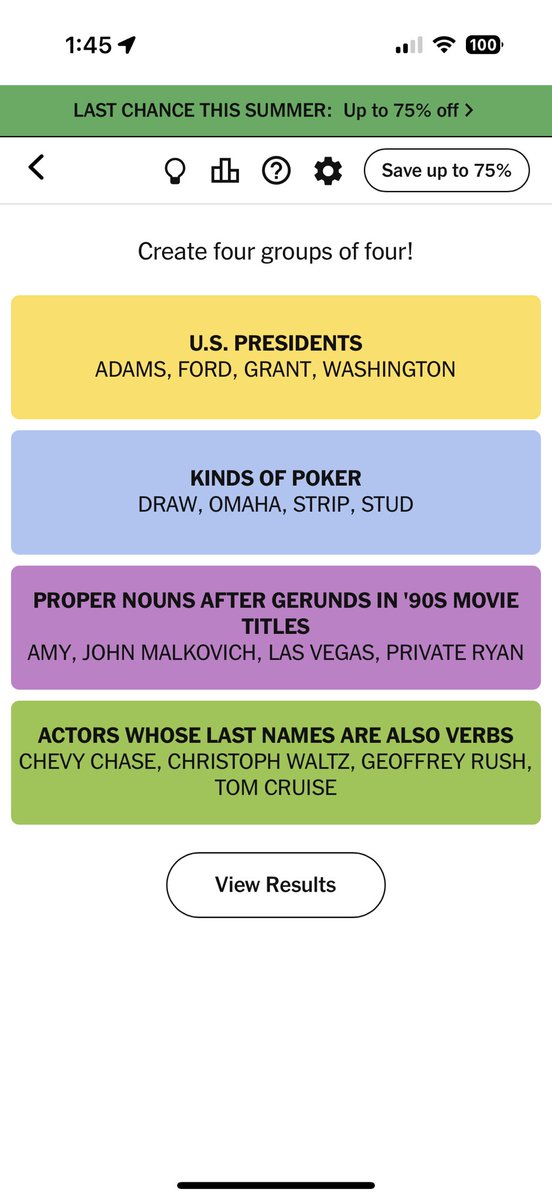 Jeffreyshultz's tweet photo. Playing today’s NY Times Connections Proper Nouns after Geri did in 90’s movie titles. The #chasingAmy reference helped me solve it. Awesome !!⁦@ThatKevinSmith⁩ https://t.co/8TJAozDRWx