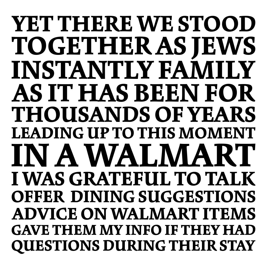 We stood together as Jews. Instantly family. As it has been for thousands of years leading up to this moment in a Walmart. Grateful to talk, offer advice on items, gave my contact if they had questions during their stay.#shabbatshalom #shalom #goodshabbos #jew #jewish Part 5/7