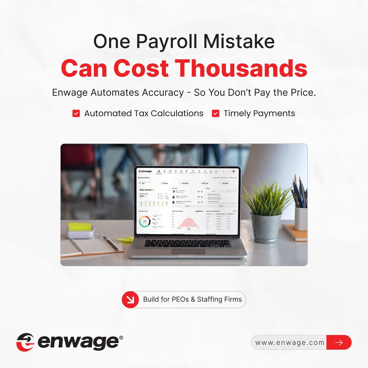 EnwageOfficial's tweet image. 𝐃𝐢𝐝 𝐲𝐨𝐮 𝐤𝐧𝐨𝐰? 

A single payroll mistake  like a missed tax filing or late payment can cost PEOs and staffing firms thousands in penalties and damage client trust. 

With Enwage, payroll automation means less stress, fewer errors, and 100% peace of mind. 

#HCMSoftware