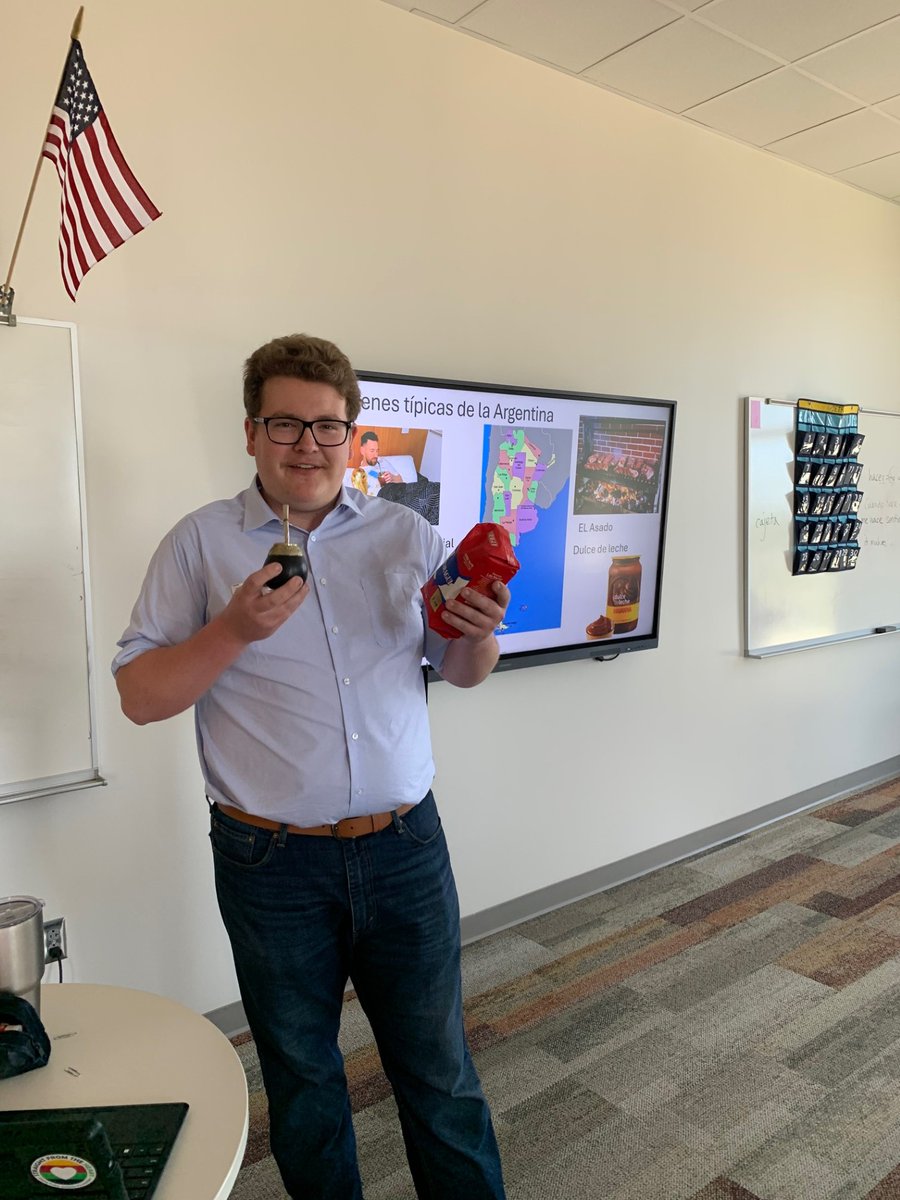 ProfeDetrixheOW's tweet photo. Excited that Aaron Shannon, OW grad 2022, visited to share his experience living in Argentina with my Spanish 4 class; we even drank mate! His Seal of Biliteracy award allowed him to share the importance of knowing another language for career success! @OlatheWl @OlatheWestOwls https://t.co/F5iGQwh6qu