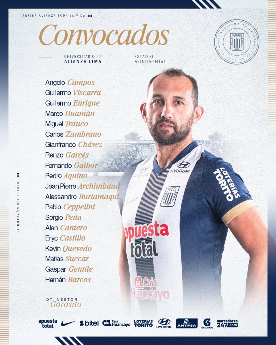 Club Alianza Lima (@clubaloficial) on Twitter photo 𝑪𝑶𝑵𝑽𝑶𝑪𝑨𝑫𝑶𝑺. 📋✍🏾
Esta es la lista de jugadores convocados para el partido ante Universitario por la 𝒇𝒆𝒄𝒉𝒂 𝟕 de la <a href="/Liga1TeApuesto/">Liga1 Te Apuesto</a>.
#ConAlianzaSiempre
#ReafirmaTuLeALtad
#VamosPorMás 𝑪𝑶𝑵𝑽𝑶𝑪𝑨𝑫𝑶𝑺. 📋✍🏾
Esta es la lista de jugadores convocados para el partido ante Universitario por la 𝒇𝒆𝒄𝒉𝒂 𝟕 de la <a href="/Liga1TeApuesto/">Liga1 Te Apuesto</a>.
#ConAlianzaSiempre
#ReafirmaTuLeALtad
#VamosPorMás