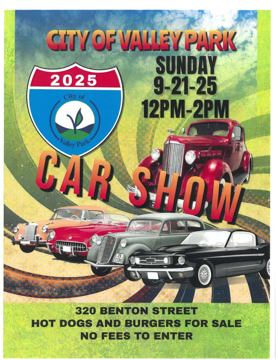 City of Valley Park Fall Car Show 

City of Valley Park fall car show Sunday, September 21st 2025 from 12 to 2 PM at 320 Benton Street Valley Park 63088. Food for sale, no fees to enter.  Come on out!
