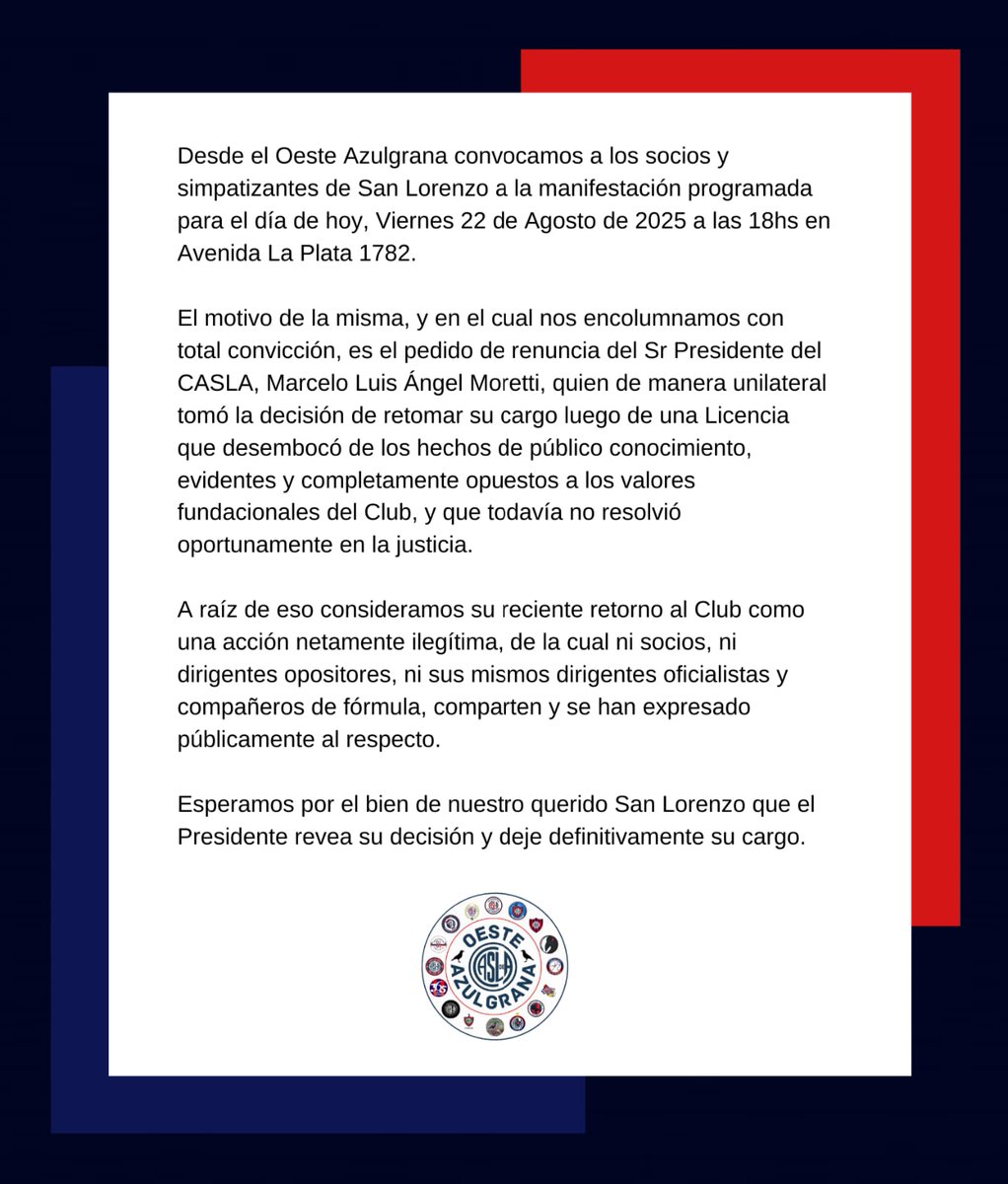 AzulgranaOeste's tweet photo. Viernes 22/08 - 19hs
Todos a Av. La Plata 

Renuncia Moretti. https://t.co/ZTYILYdMUp