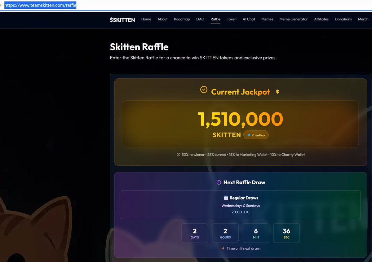 🎟️ Our #RAFFLE is going WILD! 🚀

Over 1,510,000 $SKITTEN tokens are up for grabs — and the pot keeps growing! 🐾💎

Don’t miss your chance ➡️ teamskitten.com/raffle

#SKITTEN #CryptoForGood #BASE #Web3Community
