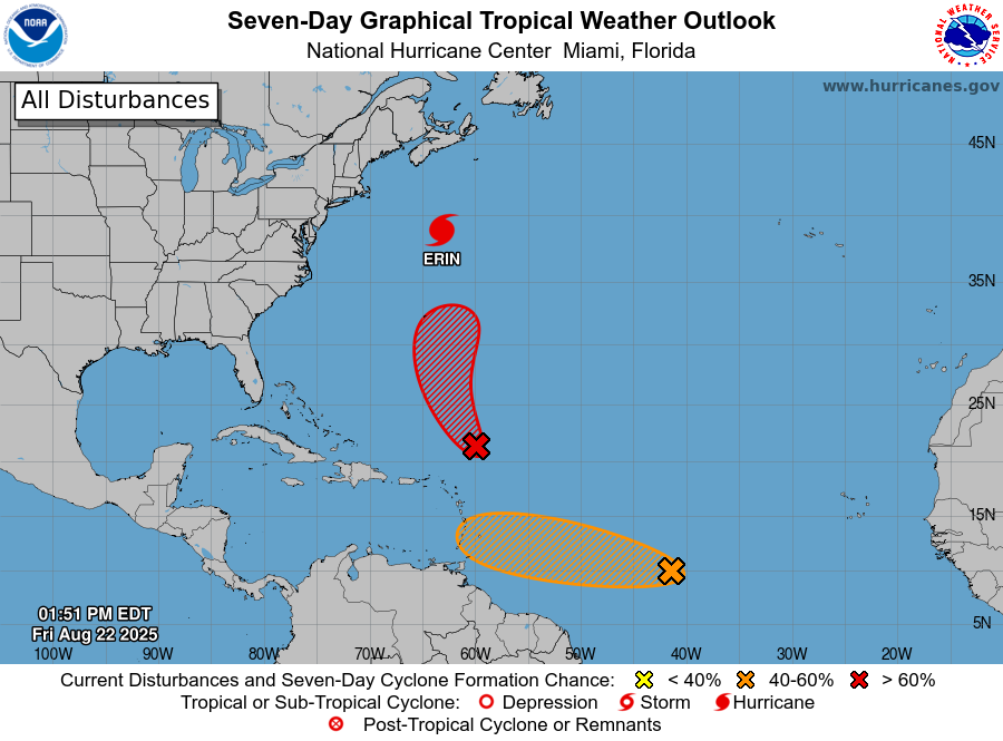 NHC_Atlantic's tweet photo. 2p EDT Aug 22 - We are watching 2 areas behind Erin - the first is a system well SSE of Bermuda (#AL90) which is very likely to become a tropical storm this weekend. Interests in Bermuda should monitor for any watches/warnings. Over the central Atlantic, a short-lived tropical depression could form from #AL99. The latest outlook is at https://t.co/Wq6ZtKfHp9