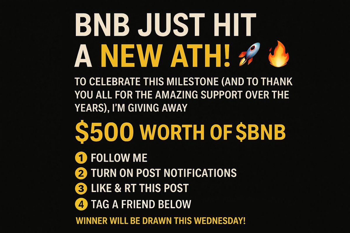 BNB just hit a new ATH!

To celebrate this milestone (and to thank you all for the amazing support), I'm giving away $500 worth of $BNB ❤️

1. Follow me
2. Turn on post notifications
3. Like &amp; RT this post
4. Tag a friend below

A winner will be drawn on Wednesday! Good luck 🙌