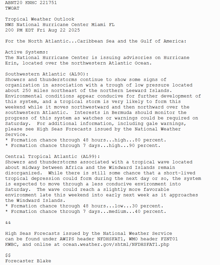 NHC_Atlantic's tweet photo. 2p EDT Aug 22 - We are watching 2 areas behind Erin - the first is a system well SSE of Bermuda (#AL90) which is very likely to become a tropical storm this weekend. Interests in Bermuda should monitor for any watches/warnings. Over the central Atlantic, a short-lived tropical depression could form from #AL99. The latest outlook is at https://t.co/Wq6ZtKfHp9