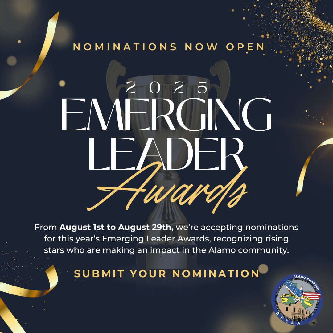 ⏳ Final 7-Day Countdown!
Last chance to nominate your standout leaders for the Emerging Leader Awards before the Aug 29 deadline! 🏆

🔗 Nominate: app.smartsheet.com/b/form/cf2890d…
🔍 Info: alamoafcea.org/page/awards

#AFCEAAlamo #EmergingLeaders #Awards2025 #LastCall #YoungProfessionals