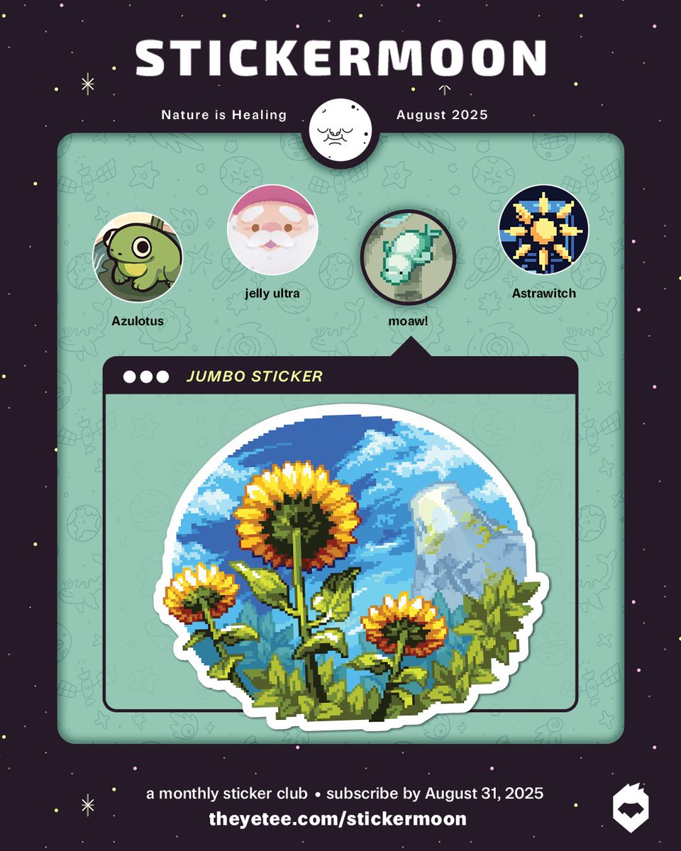 There, peeking out from the grass its— Stickermoon! Meet the artists from our next set's theme, NATURE IS HEALING: <a href="/azuIotus/">Azul 💙☁️ Fluffy Lich</a> <a href="/jellyultra/">Jelly Ultra</a> <a href="/moawko/">moaw! 🧄</a> <a href="/astrawitch/">Astra</a>  theyetee.com/stickermoon