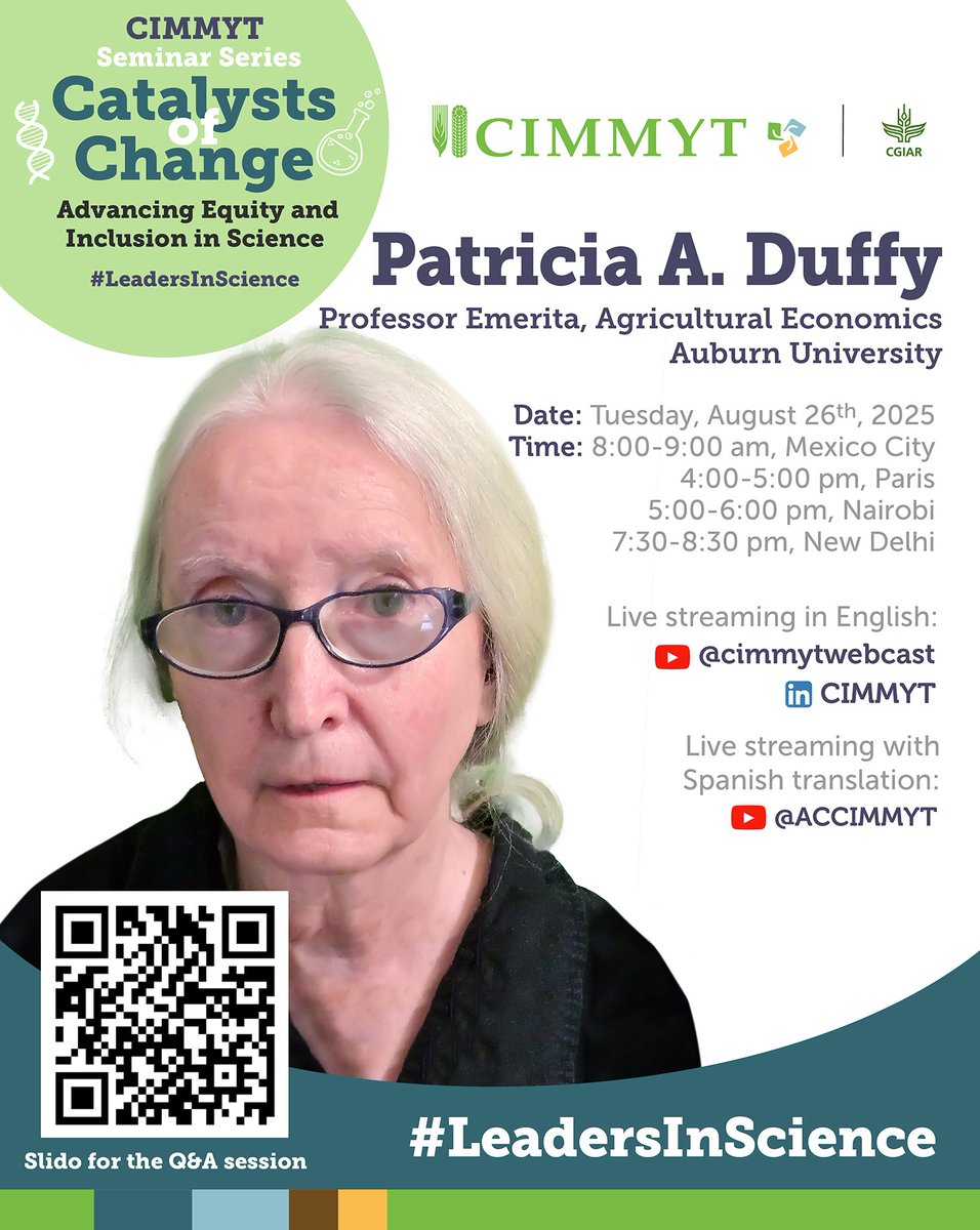 bramaccimmyt's tweet photo. 🚨 Don't miss the upcoming #CatalystOfChange, @CIMMYT!
🎉 We're excited to feature Patricia Duffy, Professor Emerita, Agricultural Economics @AuburnU.
Mark your calendars for August 26! 🗓️
#LeadersInScience https://t.co/aYzgD0cuFZ