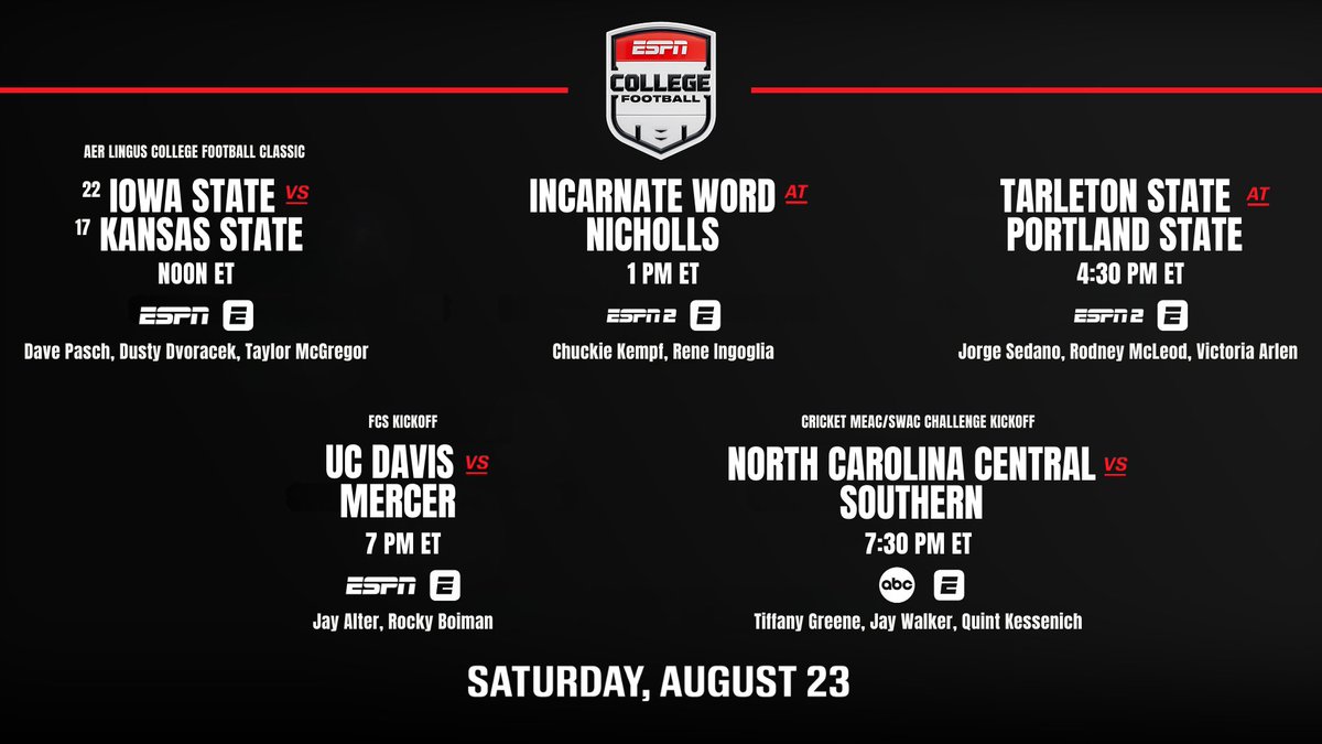 ESPN PR (@espnpr) on Twitter photo Week 0 of <a href="/ESPNCFB/">ESPN College Football</a> kicks off Saturday!
๐ Noon ET | <a href="/CycloneFB/">Iowa State Football</a> & <a href="/KStateFB/">K-State Football</a> in <a href="/cfbireland/">Aer Lingus College Football Classic</a> | ESPN
๐ <a href="/UIWFootball/">UIW Football</a>-<a href="/Nicholls_FB/">Nicholls Football ๐</a> (1p ET) & <a href="/TarletonFB/">Tarleton State Football</a>-<a href="/psuviksFB/">Portland State Football</a> (4:30p ET) | ESPN2
๐ <a href="/ESPNEvents/">ESPN Events</a> season starts w/<a href="/FCSKickoff/">FCS Kickoff</a> (7p ET, ESPN) & <a href="/MEAC_SWAC/">Cricket MEAC/SWAC Challenge</a> (7:30p ET, ABC) Week 0 of <a href="/ESPNCFB/">ESPN College Football</a> kicks off Saturday!
๐ Noon ET | <a href="/CycloneFB/">Iowa State Football</a> & <a href="/KStateFB/">K-State Football</a> in <a href="/cfbireland/">Aer Lingus College Football Classic</a> | ESPN
๐ <a href="/UIWFootball/">UIW Football</a>-<a href="/Nicholls_FB/">Nicholls Football ๐</a> (1p ET) & <a href="/TarletonFB/">Tarleton State Football</a>-<a href="/psuviksFB/">Portland State Football</a> (4:30p ET) | ESPN2
๐ <a href="/ESPNEvents/">ESPN Events</a> season starts w/<a href="/FCSKickoff/">FCS Kickoff</a> (7p ET, ESPN) & <a href="/MEAC_SWAC/">Cricket MEAC/SWAC Challenge</a> (7:30p ET, ABC)