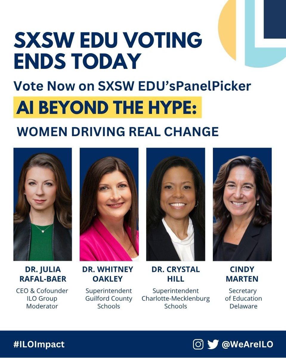 ILO Group (@weareilo) on Twitter photo ‼️🚨 #SXSWEDU VOTING ENDS TODAY 🚨‼️
Vote “AI Beyond the Hype: Women Driving Real Change” for <a href="/SXSWEDU/">SXSW EDU</a> 2026!
Feat. @JuliaRafalBaer w/ <a href="/Super_GCS/">Dr. Whitney Oakley</a>, <a href="/CharMeckSupt/">Dr. Crystal L. Hill</a> & <a href="/DEDeptofEd/">DE Dept of Education</a> Sec. Marten on bold, responsible #AI leadership for students & communities.
participate.sxsw.com/flow/sxsw/sxsw… ‼️🚨 #SXSWEDU VOTING ENDS TODAY 🚨‼️
Vote “AI Beyond the Hype: Women Driving Real Change” for <a href="/SXSWEDU/">SXSW EDU</a> 2026!
Feat. @JuliaRafalBaer w/ <a href="/Super_GCS/">Dr. Whitney Oakley</a>, <a href="/CharMeckSupt/">Dr. Crystal L. Hill</a> & <a href="/DEDeptofEd/">DE Dept of Education</a> Sec. Marten on bold, responsible #AI leadership for students & communities.
participate.sxsw.com/flow/sxsw/sxsw…