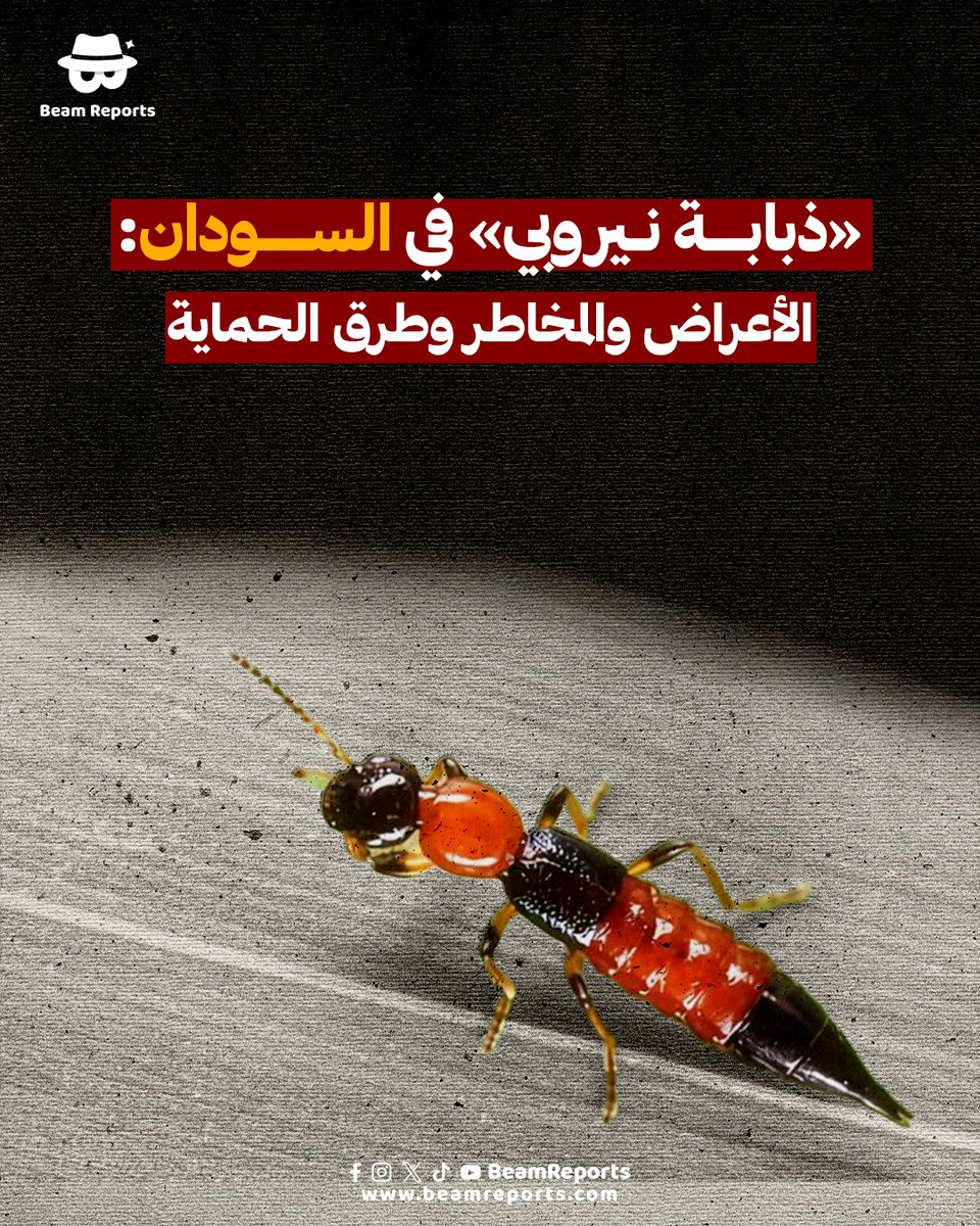 في بعض مناطق السودان، ظهرت حشرة صغيرة تُسمى «ذبابة نيروبي». ومع أنها قد تبدو غير ضارة، لكنها تطلق سمًّا يسبب التهابات جلدية مؤلمة، وقد تؤثر في العين أيضًا.

نشارك معكم معلومات عن الأعراض، وطرق العلاج، ووسائل الوقاية:
#Sudan #BeamReports #NairobiFly #السودان #ذبابة_نيروبي