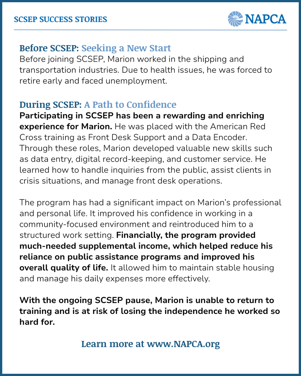 Meet Marion, a #SCSEP participant currently furloughed due to the ongoing funding pause.

Thanks to SCSEP, Marion was able to begin building the skills necessary to return to the workforce. We urge the DOL to release funding so elders like Marion can continue their job training.
