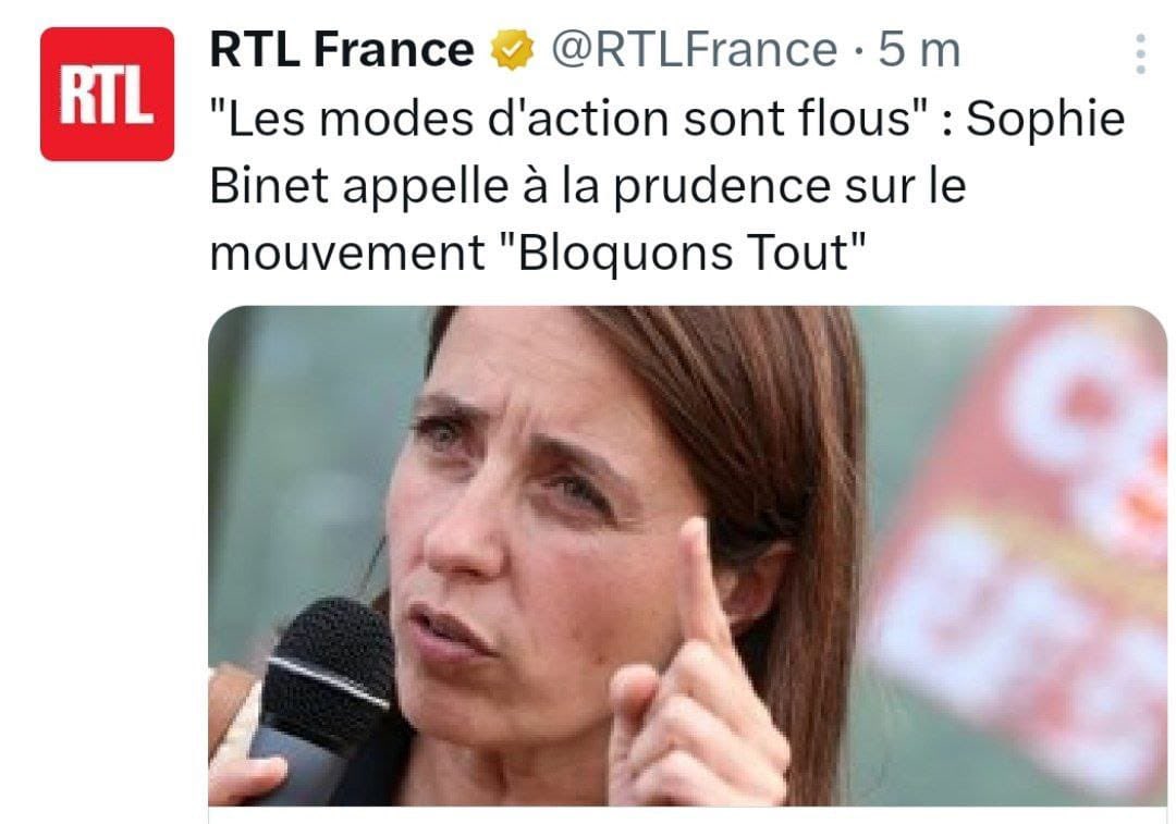 Anasse Kazib (@anassekazib) on Twitter photo đŽ La patronne de la CGT sâinquiĂšte du 10 septembre, parlant dâun mouvement « nĂ©buleux », dâ« actions floues ».
Les mĂȘmes qui, aprĂšs coup, se disent attristĂ©s par la faiblesse du nombre de salarié·e·s syndiqué·e·s en FranceâŠ
Comment pourrait-il en ĂȘtre autrement, quand cette đŽ La patronne de la CGT sâinquiĂšte du 10 septembre, parlant dâun mouvement « nĂ©buleux », dâ« actions floues ».
Les mĂȘmes qui, aprĂšs coup, se disent attristĂ©s par la faiblesse du nombre de salarié·e·s syndiqué·e·s en FranceâŠ
Comment pourrait-il en ĂȘtre autrement, quand cette